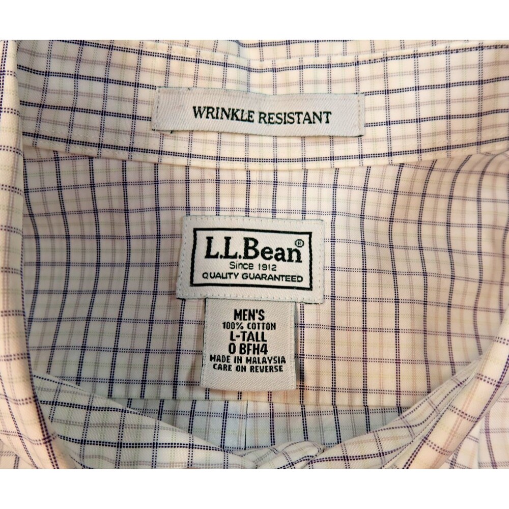 LL Bean Shirt Mens Large Tall Wrinkle Free Button Down Long Sleeve White Plaid